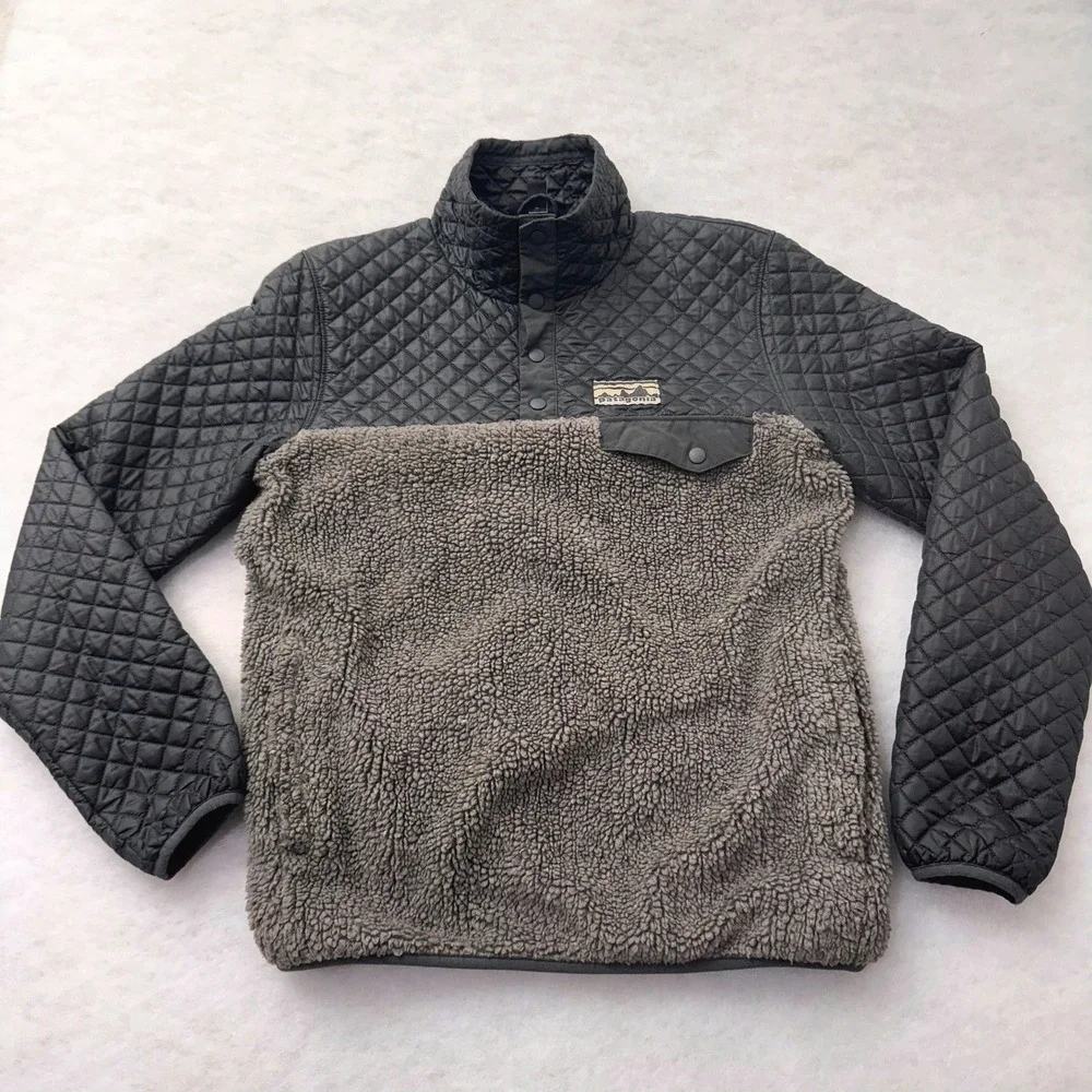 Patagonia Mixed Media Quilted Sherpa Snap-T Pullover Jacket‎ Gray Black Womens S
